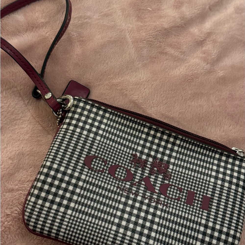 Coach Black and White Gingham Wristlet with Red Accents